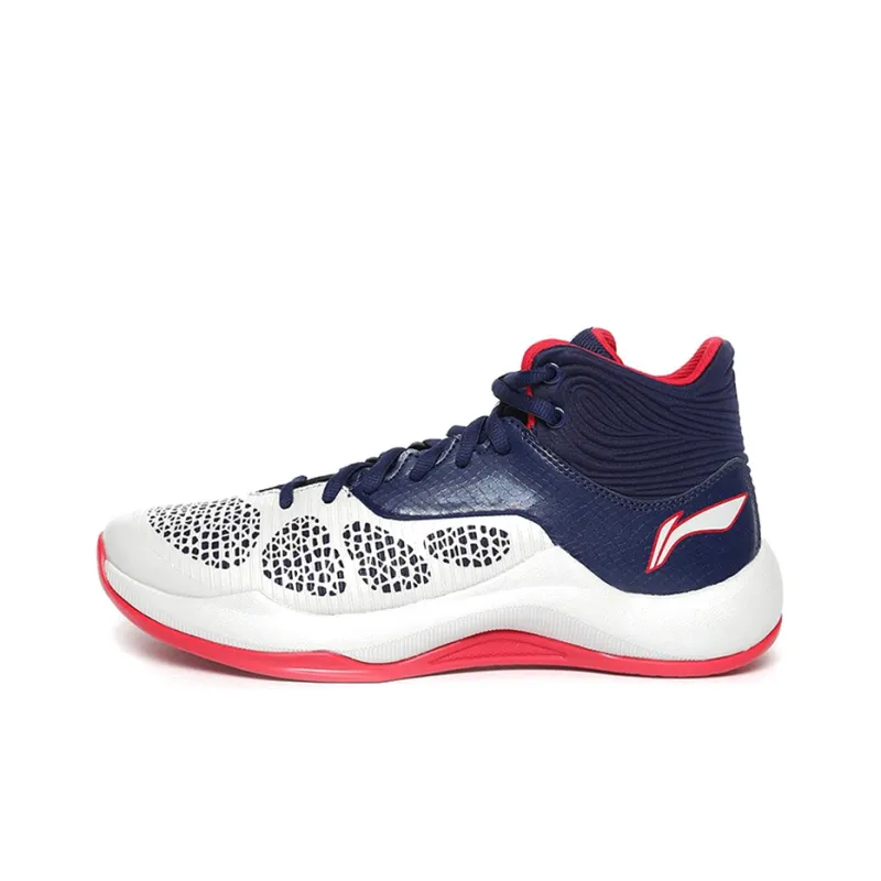 LiNing SONIC 5 Cushioning Anti Slip Wear Resistant Coverage Support Rebound Mid Top Basketball Shoes Blue White-0