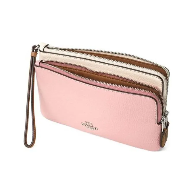 COACH Double Zip Wallet Pebbled Leather Wallet Women's Pink-1