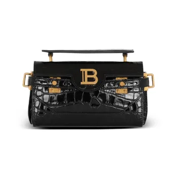 BALMAIN B BUZZ Crocodile Pattern Leather Shoulder Bag, Crossbody Bag, Handbag Women's Black