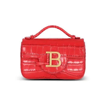 BALMAIN B-BUZZ Crocodile Pattern Leather Handbag Shoulder Bag Crossbody Bag Mini Women's Red