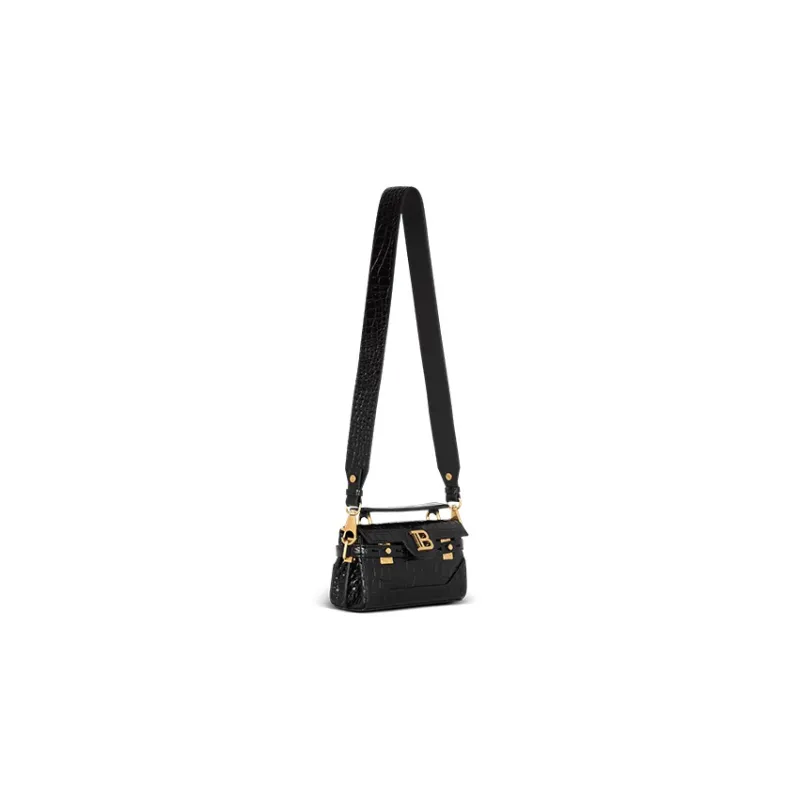 BALMAIN B BUZZ Crocodile Pattern Leather Shoulder Bag, Crossbody Bag, Handbag Women's Black-1