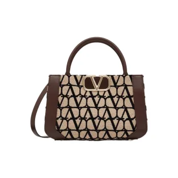 Valentino Vlogo Leather Trim Shoulder Bag, Crossbody Bag, Handbag Small Size Women's Brown/Beige