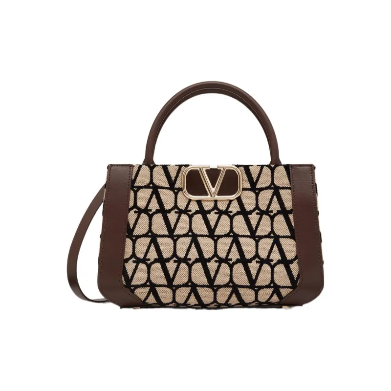 Valentino Vlogo Leather Trim Shoulder Bag, Crossbody Bag, Handbag Small Size Women's Brown/Beige-0