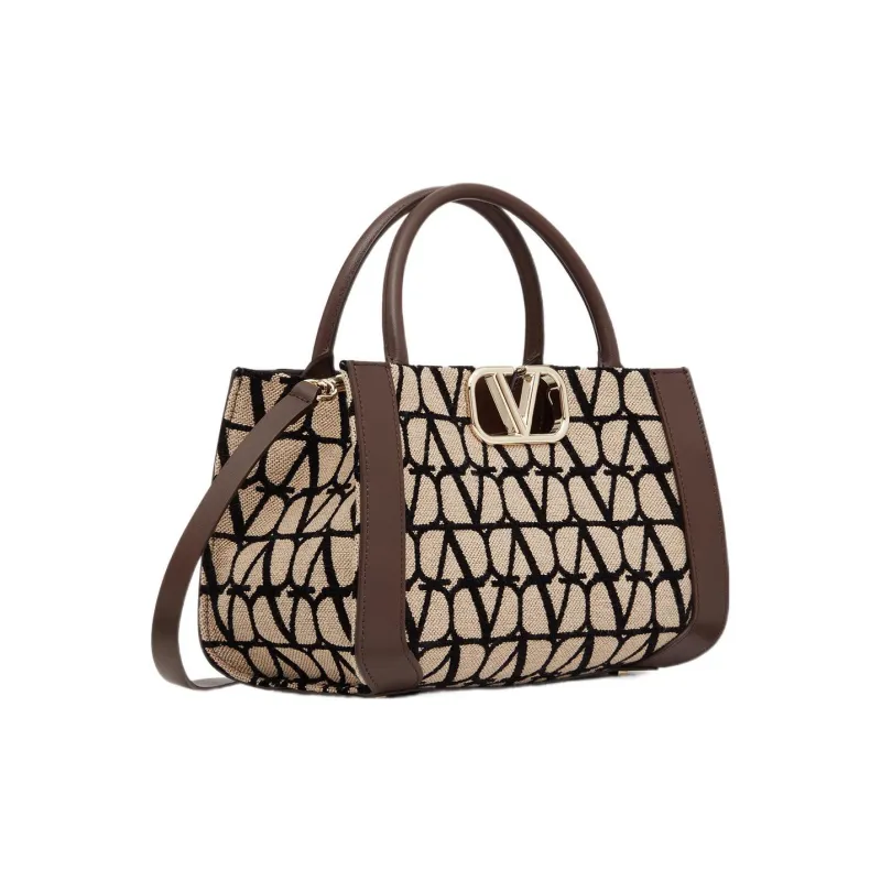 Valentino Vlogo Leather Trim Shoulder Bag, Crossbody Bag, Handbag Small Size Women's Brown/Beige-1