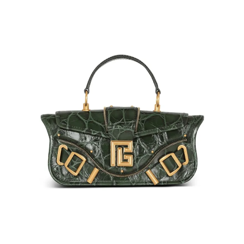 BALMAIN Crocodile-Embossed Calfskin Handheld Handbag Women's Green-0