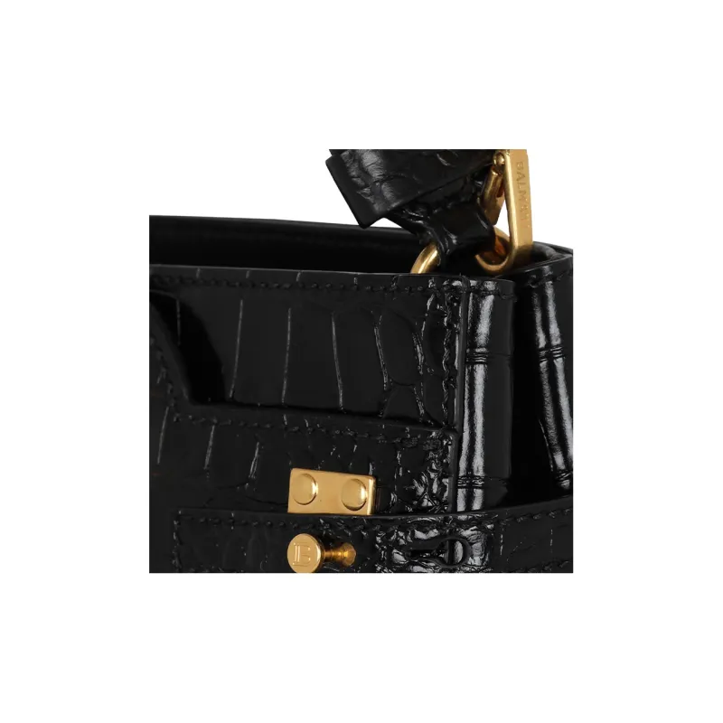 BALMAIN B BUZZ Crocodile Pattern Leather Shoulder Bag Crossbody Bag Handbag Women's Black-3