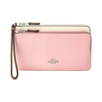 COACH Double Zip Wallet Pebbled Leather Wallet Women's Pink