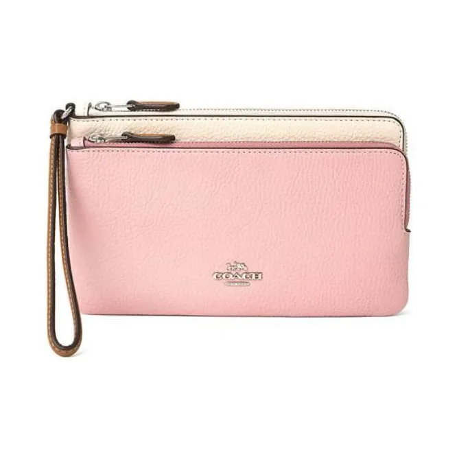COACH Double Zip Wallet Pebbled Leather Wallet Women's Pink-0