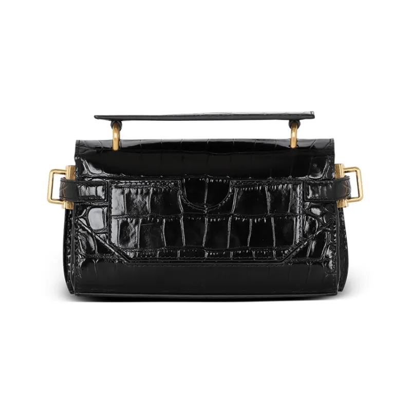 BALMAIN B BUZZ Crocodile Pattern Leather Shoulder Bag, Crossbody Bag, Handbag Women's Black-2
