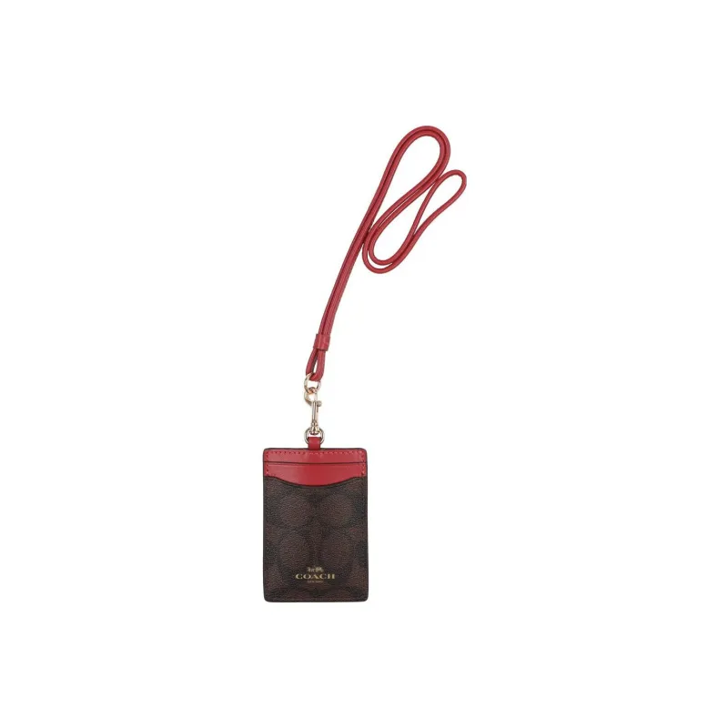 COACH Lanyard Canvas With Leather ID Card Holder Women's Dark Brown With Burgundy-3