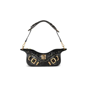BALMAIN Crocodile Pattern Leather Clutch One Shoulder Handbag Women's Black