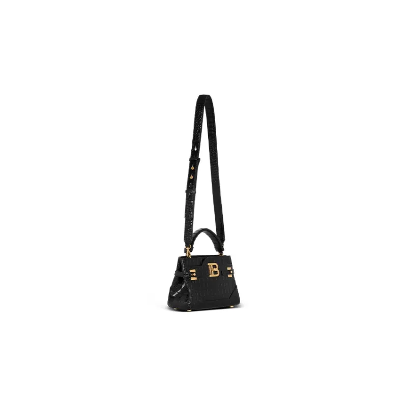 BALMAIN B BUZZ Crocodile Pattern Leather Shoulder Bag Crossbody Bag Handbag Women's Black-1