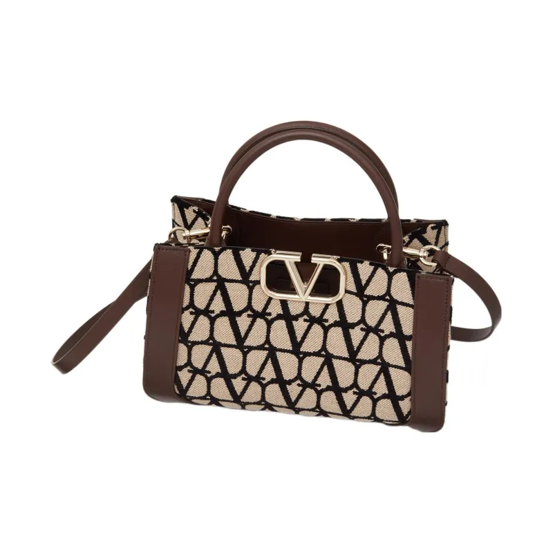 Valentino Vlogo Leather Trim Shoulder Bag, Crossbody Bag, Handbag Small Size Women's Brown/Beige-4