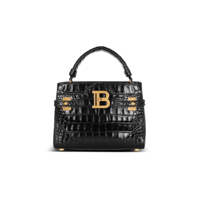 BALMAIN B BUZZ Crocodile Pattern Leather Shoulder Bag Crossbody Bag Handbag Women's Black-0