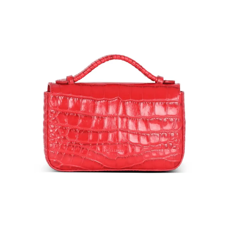BALMAIN B-BUZZ Crocodile Pattern Leather Handbag Shoulder Bag Crossbody Bag Mini Women's Red-2