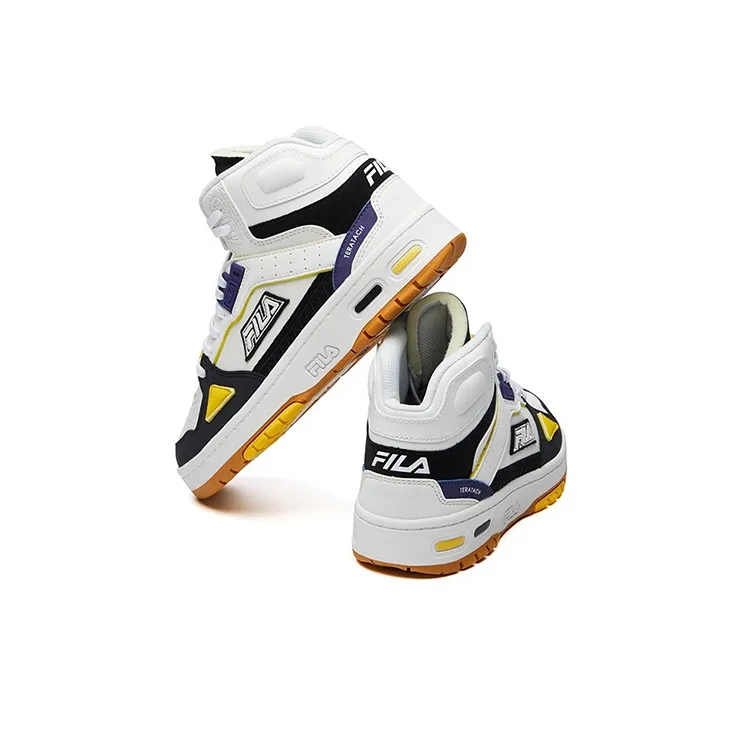 FILA Teratach Cushioning Anti Slip And Wear Resistant High Top Vintage Basketball Shoes Women's White Black Yellow-4