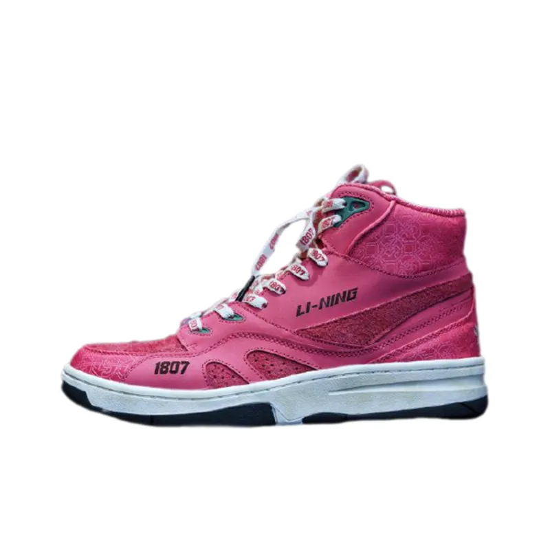 1807 x LiNing 937 Anti Slip Wear Resistant High Top Vintage Basketball Shoes Men's Pink-0