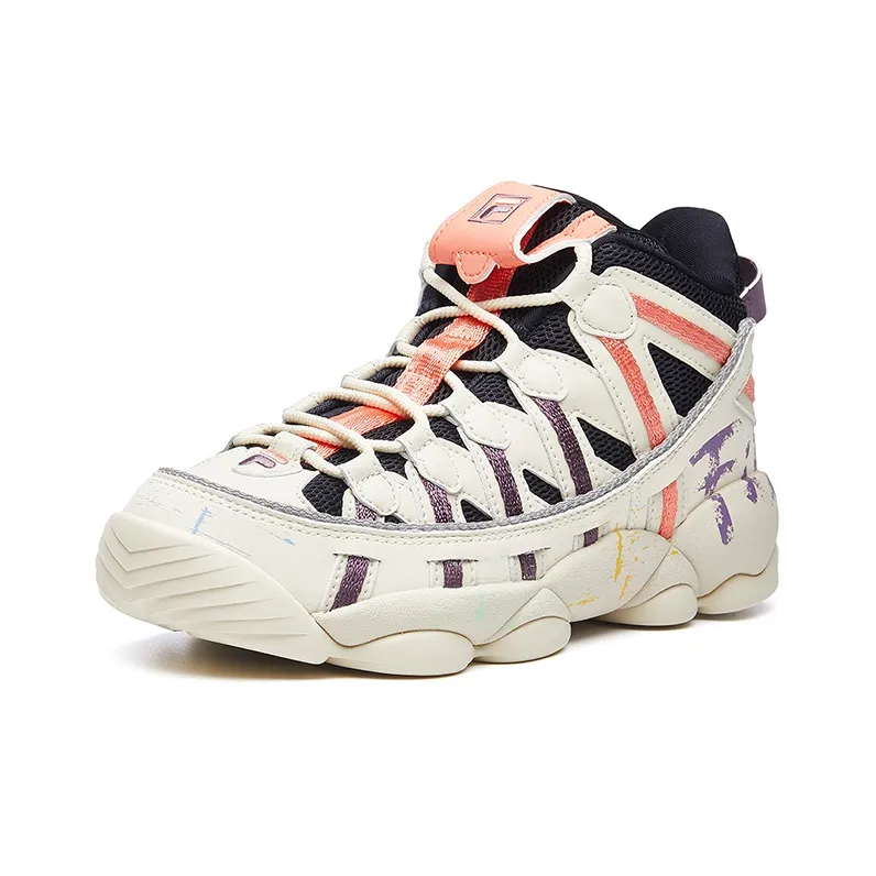 FILA FUSION Spaghetti Anti Slip Wear Resistant High Top Vintage Basketball Shoes Women's White Purple Orange-1