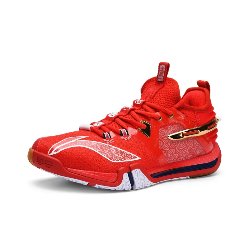 LiNing Cushioned Slip Resistant Abrasion Resistant Breathable Low Top Badminton Shoes Men's Red Blue Mismatched-1