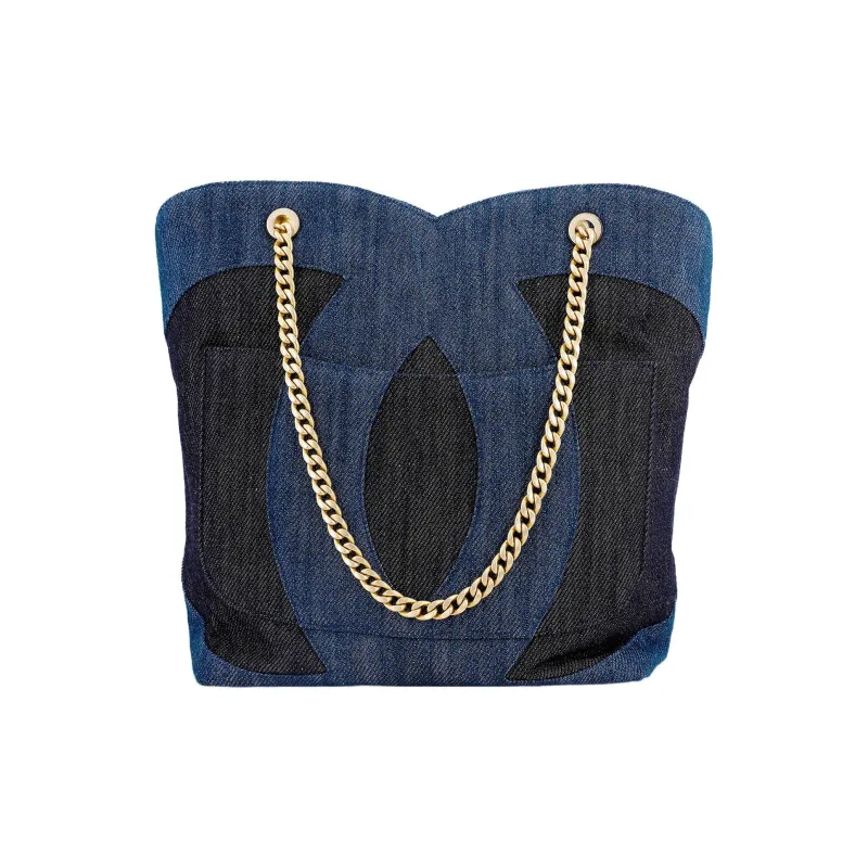 CHANEL Denim Hobo Bag, Handbag, Shoulder Bag Tubas Women's Blue & Black-3