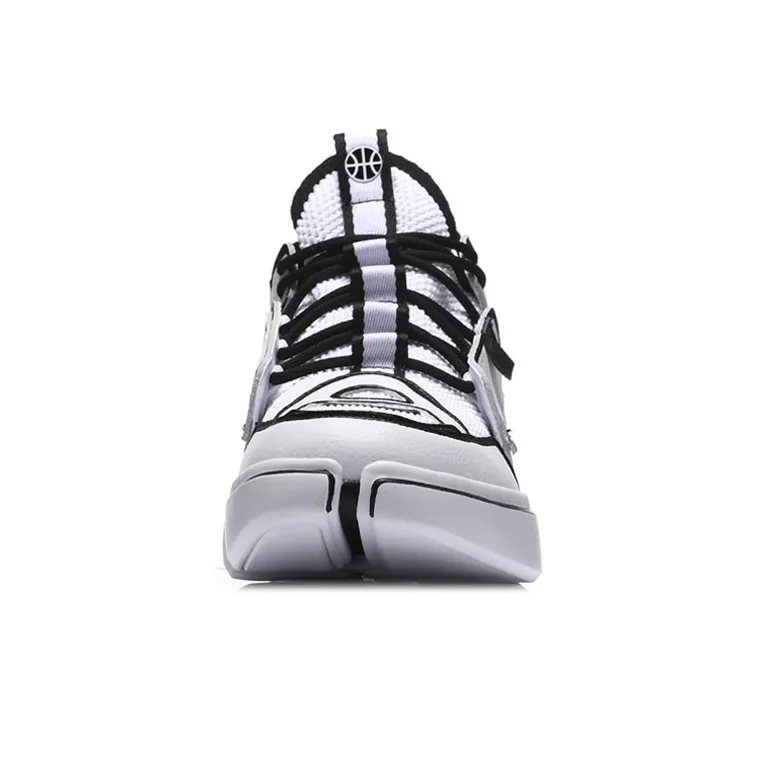 LiNing Durable Breathable Mid Top Vintage Basketball Shoes Men's White Black-4