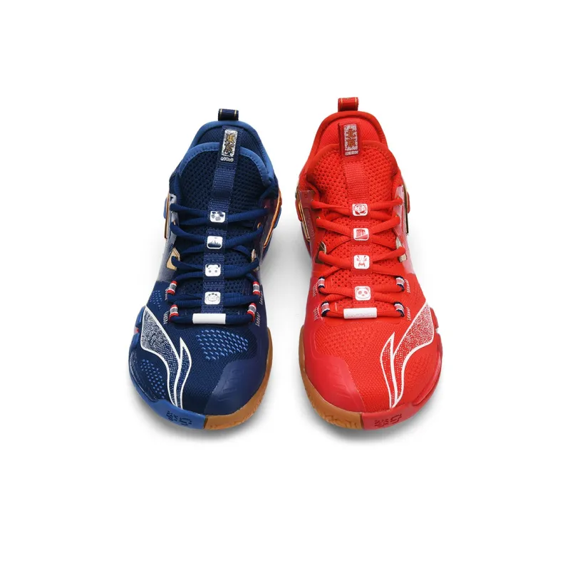 LiNing Cushioned Slip Resistant Abrasion Resistant Breathable Low Top Badminton Shoes Men's Red Blue Mismatched-2