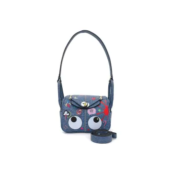 EYE THEME Artificial Leather Shoulder Bag Crossbody Bag Medium Size Women's Blue Denim Pattern/Pink/Ecru Iguana Pattern