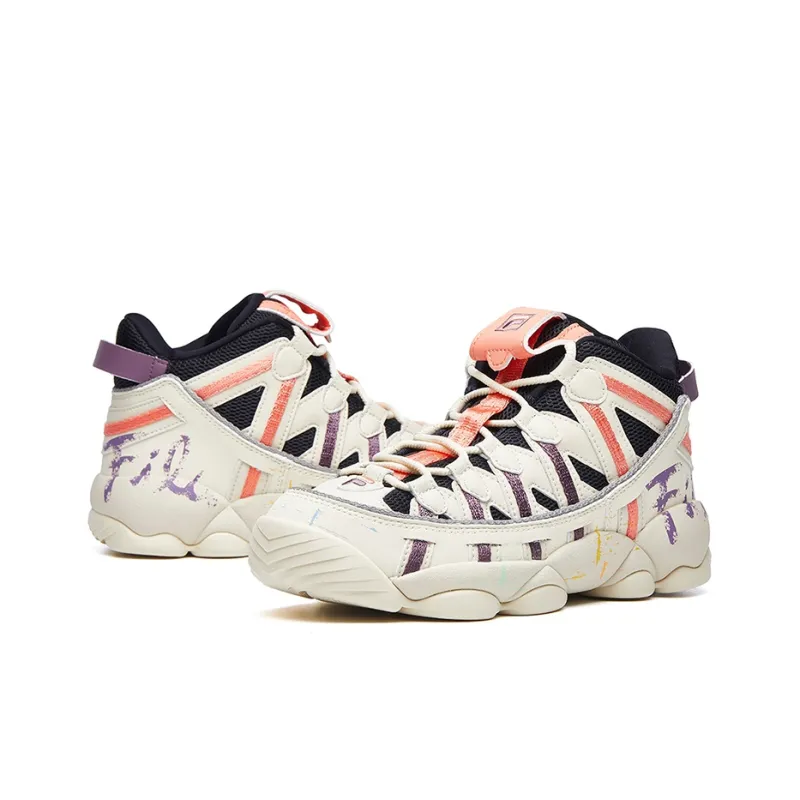 FILA FUSION Spaghetti Anti Slip Wear Resistant High Top Vintage Basketball Shoes Women's White Purple Orange-3