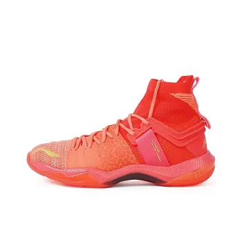 LiNing Roar II Cushioned Slip Resistant Abrasion Resistant High Top Badminton Shoes Men's Fluorescent Fruit Red