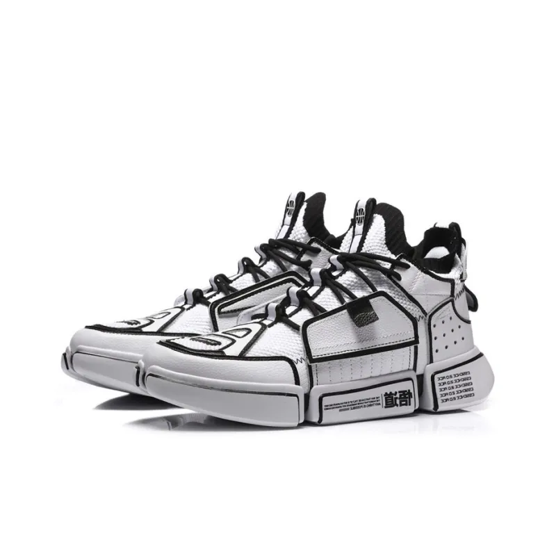 LiNing Durable Breathable Mid Top Vintage Basketball Shoes Men's White Black-2