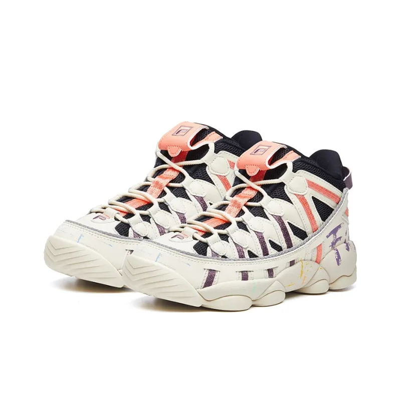 FILA FUSION Spaghetti Anti Slip Wear Resistant High Top Vintage Basketball Shoes Women's White Purple Orange-2