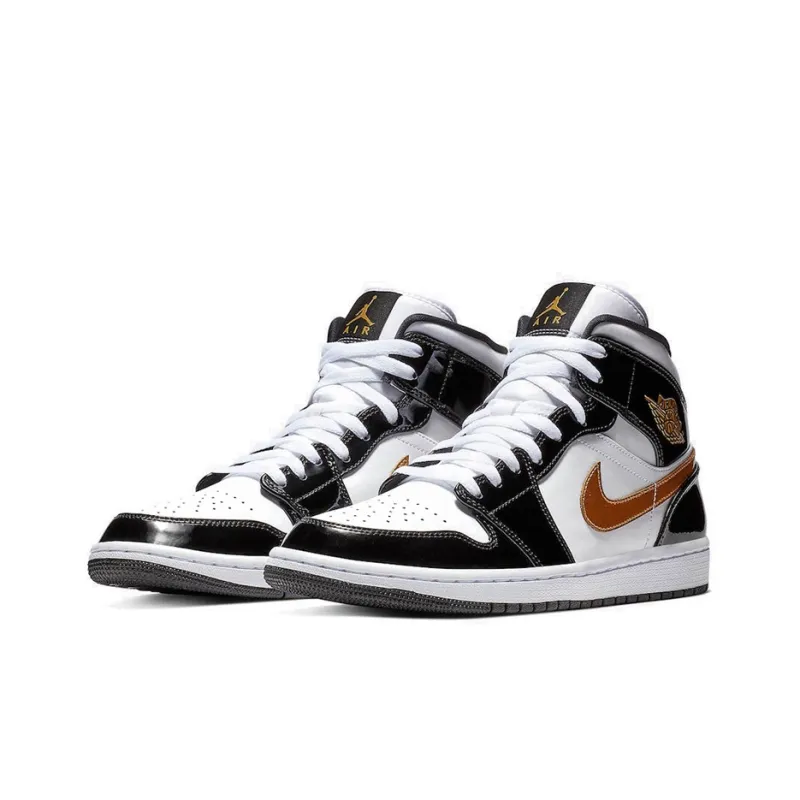 Jordan 1 Mid Patent Black White Gold 2019-2