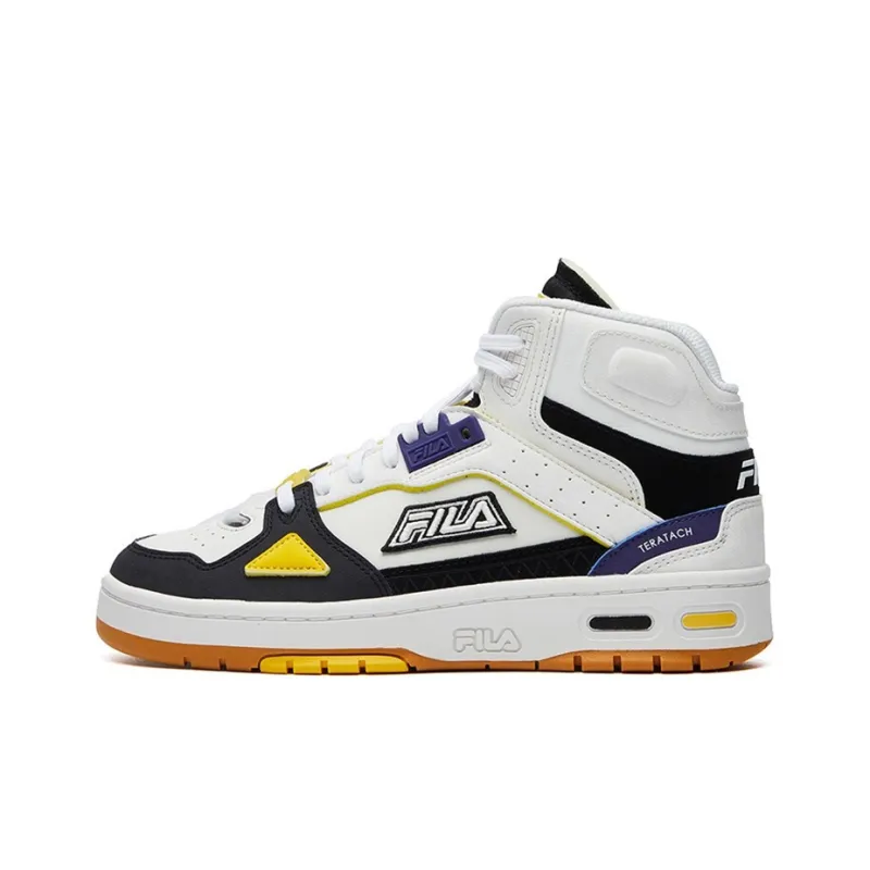 FILA Teratach Cushioning Anti Slip And Wear Resistant High Top Vintage Basketball Shoes Women's White Black Yellow-0