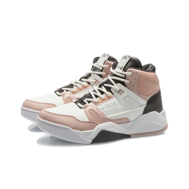 LINING Vintage Basketball Shoes Women's High Top Ecru/Tea Orange Pink/Black-2