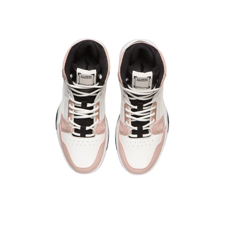 LINING Vintage Basketball Shoes Women's High Top Ecru/Tea Orange Pink/Black-3