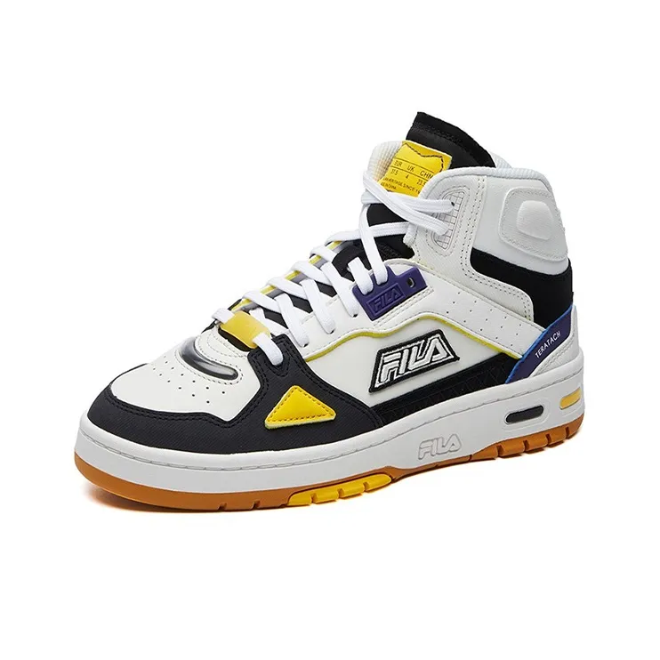 FILA Teratach Cushioning Anti Slip And Wear Resistant High Top Vintage Basketball Shoes Women's White Black Yellow-1