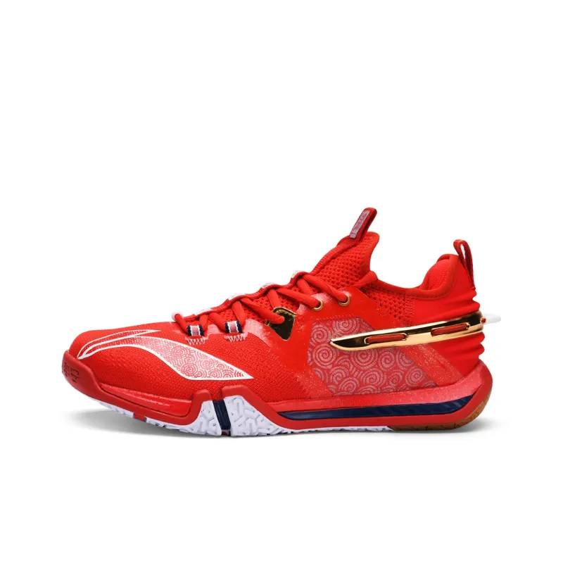 LiNing Cushioned Slip Resistant Abrasion Resistant Breathable Low Top Badminton Shoes Men's Red Blue Mismatched-0