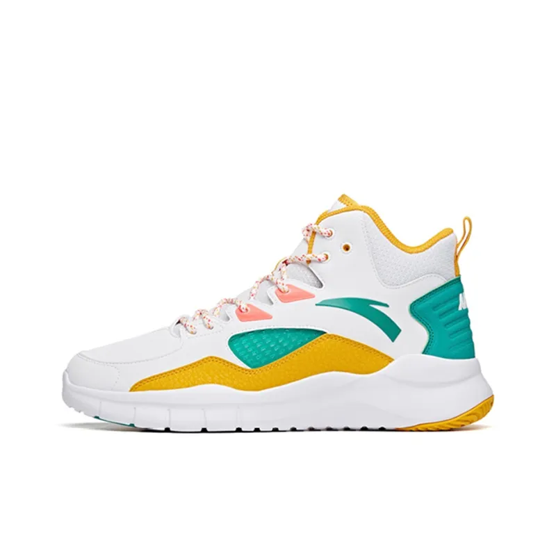 Anta Basketball Collection Cushioned Slip-Resistant Mid-Top Vintage Basketball Shoes Men's White Yellow Green-0