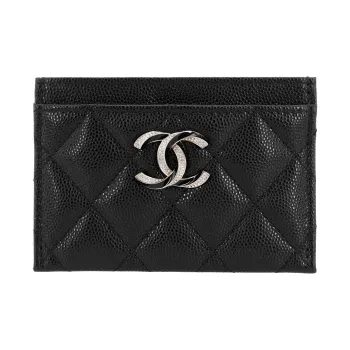 CHANEL Embossed Cow Leather Coin Purse Wallets Card Holders Women's Black