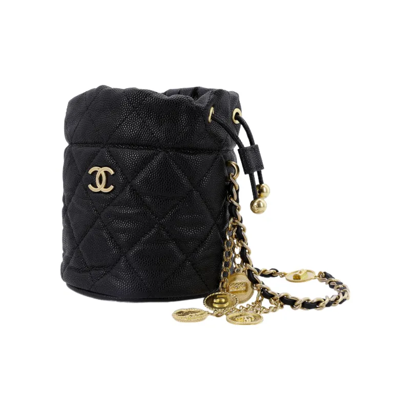 CHANEL Caviar Cow Leather Bucket Bag, Handheld, Wave Shoulder Bag, Crossbody Bag Women's Black-1