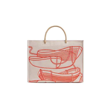 HERMES Cotton Tote Bag Shopping Bag Beach Bag Handbag Women's Red