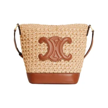 CELINE Raffia Calfskin Bucket Bags Shoulder Bag Crossbody Bag Regular Women's Beige & Brown