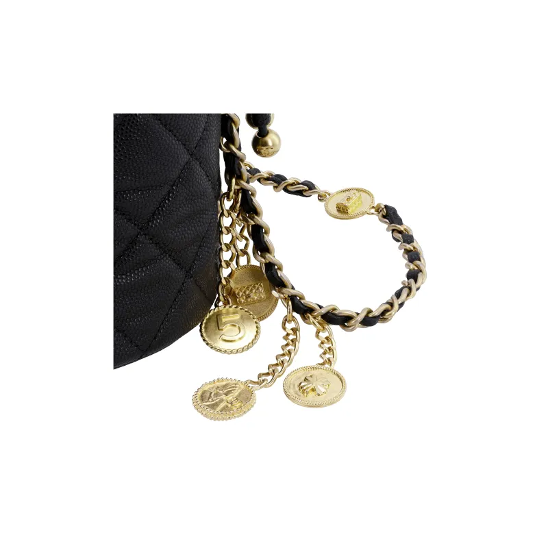 CHANEL Caviar Cow Leather Bucket Bag, Handheld, Wave Shoulder Bag, Crossbody Bag Women's Black-4