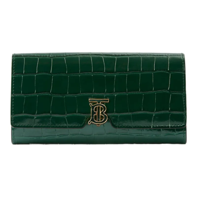 Burberry Calfskin Long TB European Wallet Women's Dark Green-0