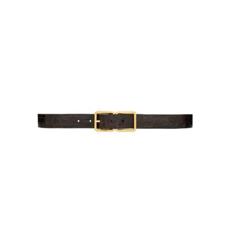 SAINT LAURENT Solid Color Embossed Pin Buckle Leather Leather Belts Women's Brown-0