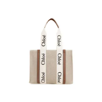 Chloé Woody Medium Logo Ribbon Tote Bag Handbag In Linen White/Brown