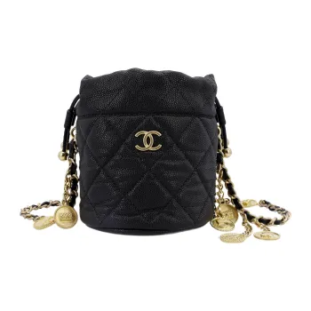 CHANEL Caviar Cow Leather Bucket Bag, Handheld, Wave Shoulder Bag, Crossbody Bag Women's Black