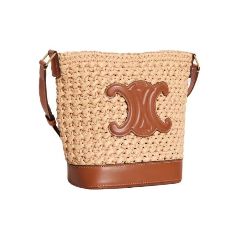 CELINE Raffia Calfskin Bucket Bags Shoulder Bag Crossbody Bag Regular Women's Beige & Brown-1