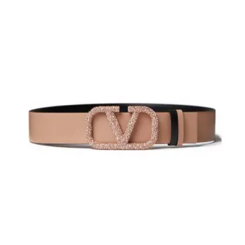 Valentino Double Sided Two Tone Design, Smooth Buckle Leather Belts Women's Khaki