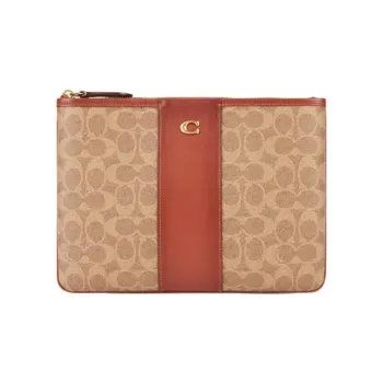 COACH Pouch PVC Shoulder Bag Clutch Large Size Women's Khaki & Brown Red